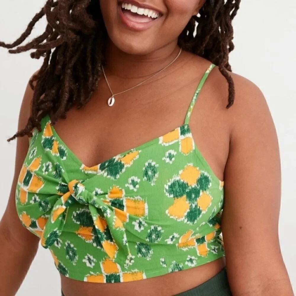 Aerie Aztec Print Crop Top Smocked Front Tie Tank Top Green Yellow Size XL